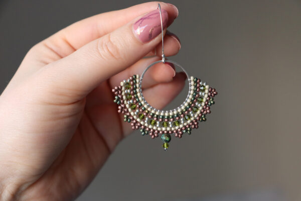 Green-Brown Beaded Hoop Earrings - Image 3