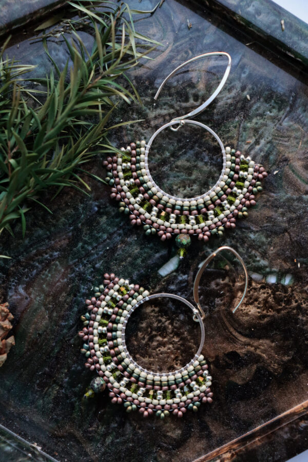 Green-Brown Beaded Hoop Earrings - Image 2