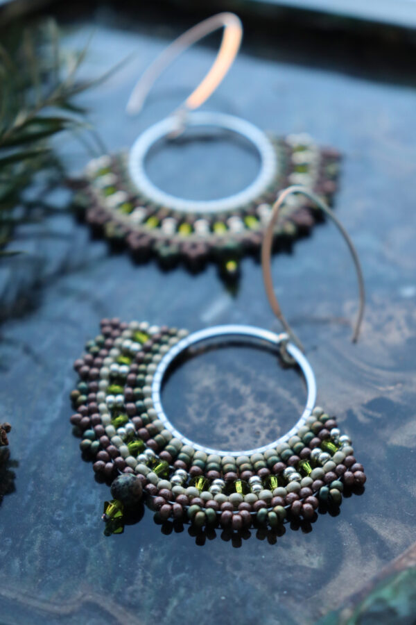 Green-Brown Beaded Hoop Earrings