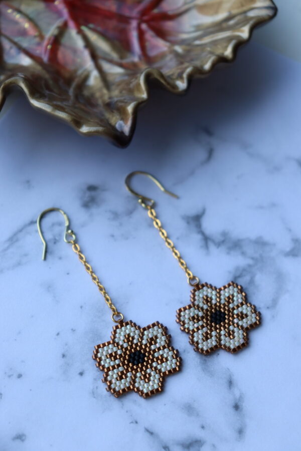 Floral Gold and Cream Beaded Earrings